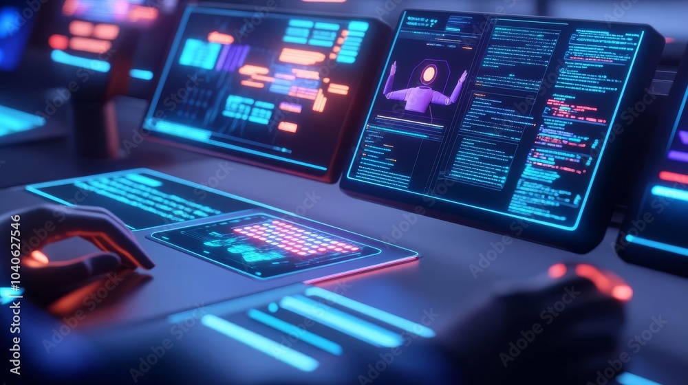 Algorithm debugging session, floating digital screens, virtual assistant, futuristic office