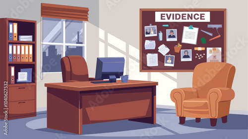 Detective office interior. Vector cartoon illustration of police station room with evidence board on wall, computer on wooden desk, armchair, folders with case documents on shelf, day light in window