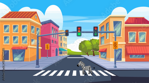 City street intersection with sidewalk, traffic lights and zebra cross. Cartoon summer town landscape with multistorey buildings, road with crosswalk and pedestrian. Empty downtown highway corner.