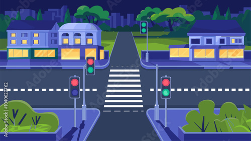 Night city street with road crossing and park. Vector cartoon illustration of pedestrian crosswalk in dark summer town, red and green traffic lights, housing buildings, illuminated shop windows