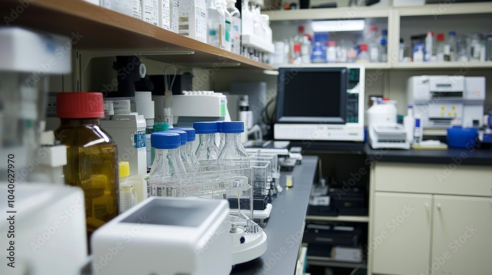 Laboratory workspace filled with advanced equipment, including centrifuges and spectrophotometers Laboratory workspace filled with advanced equipment, including centrifuges and spectrophotometers