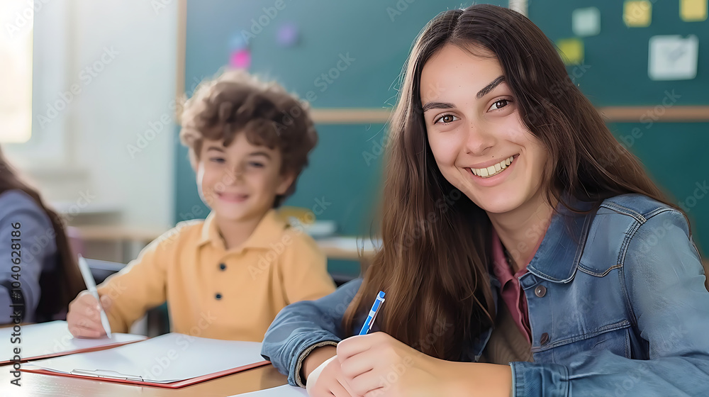 Close up portrait of a smiling female teacher sitting Close up portrait of a smiling female teacher sitting