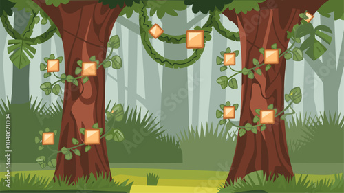 Jungle liana creeping vines with leaves and flowers formed in rectangle and circle frames for game ui design. Cartoon vector set of borders made of rainforest plant branches with tropical greenery.