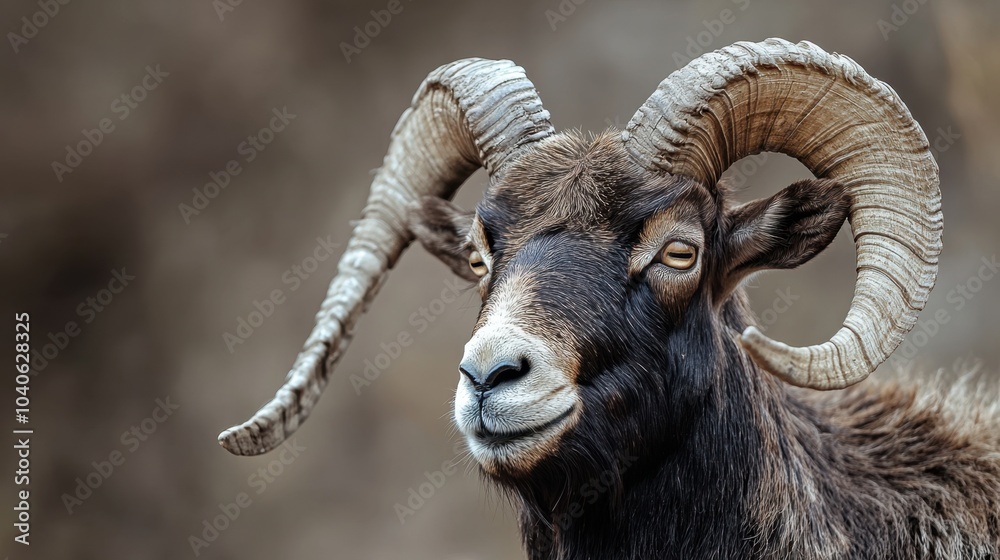 Majestic ram with curled horns in nature Majestic ram with curled horns in nature