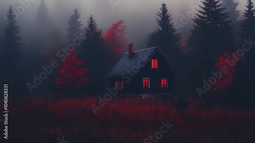 Fog-covered autumn village with red and orange trees, creating a peaceful and mysterious seasonal atmosphere for nature and landscape photography.