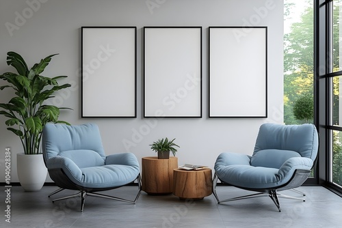  Blank white poster mockup in a modern living room with minimalist decor and clean lines. 3d rendering