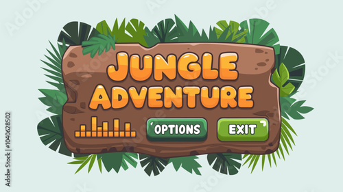 Jungle adventure game buttons set isolated on white background. Vector cartoon illustration of play, continue, options, exit buttons, sound bar equalizer, stone board with tropical green plant leaves