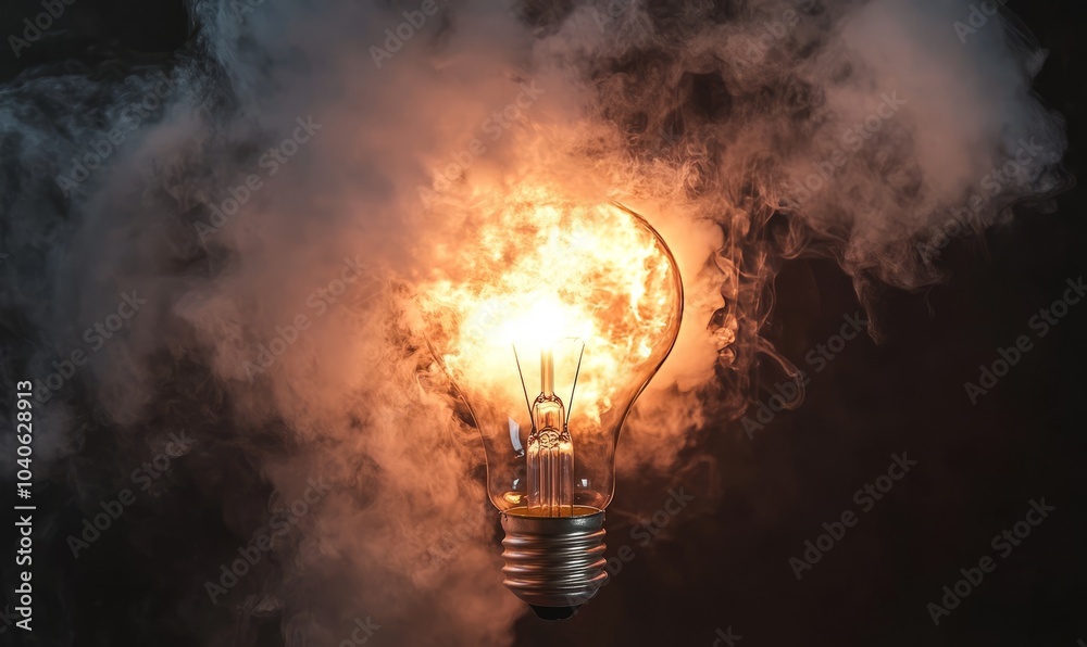 Creative light bulb with explosion and smoke coming out on black background, concept Successful launch creativity Creative light bulb with explosion and smoke coming out on black background, concept Successful launch creativity