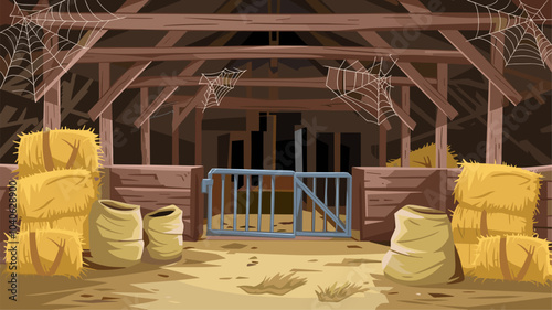 Old abandoned farm barn inside with broken wooden walls and gate, hay stacks and empty sacks on floor, cobweb and mess. Cartoon vector damaged ranch shed interior. Destroyed rural storehouse.