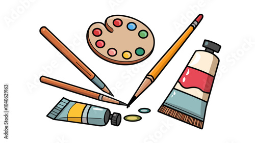 Art paint brush tool vector. Artist draw with pencil and paintbrush cartoon craft object set. Designer album, oil tube and gouache clipart isolated png. Simple supplies and creative study accessory.