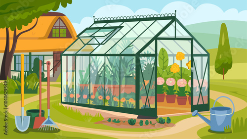 Tools and stuff for gardening and greenhouse. Cartoon vector set of agriculture equipment and supply - house with glass walls, plants and flowers in pot, shovel and rake, watering can and bucket.