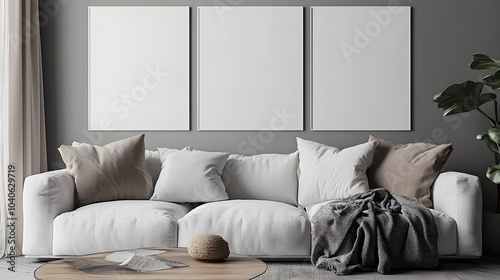  Blank white poster mockup in a modern living room with minimalist decor and clean lines. 3d rendering