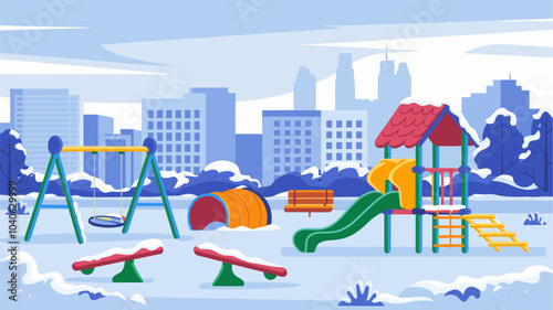 Children playground public park in winter. Cartoon vector snowy city landscape with kindergarten entertainment yard. Kid garden covered with snow - seesaw and swing, slide and tunnel, ladder and house
