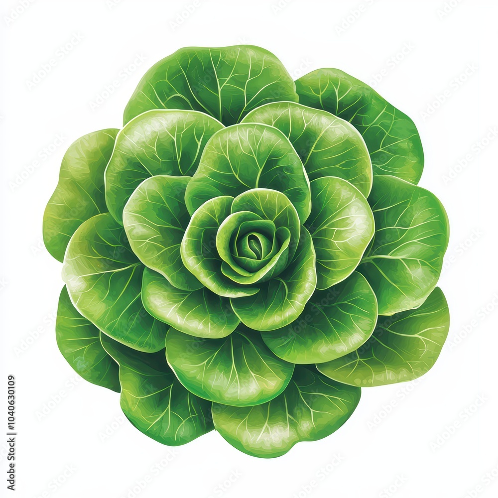 Fototapeta premium Lush green lettuce head with detailed leaves, isolated on white background.