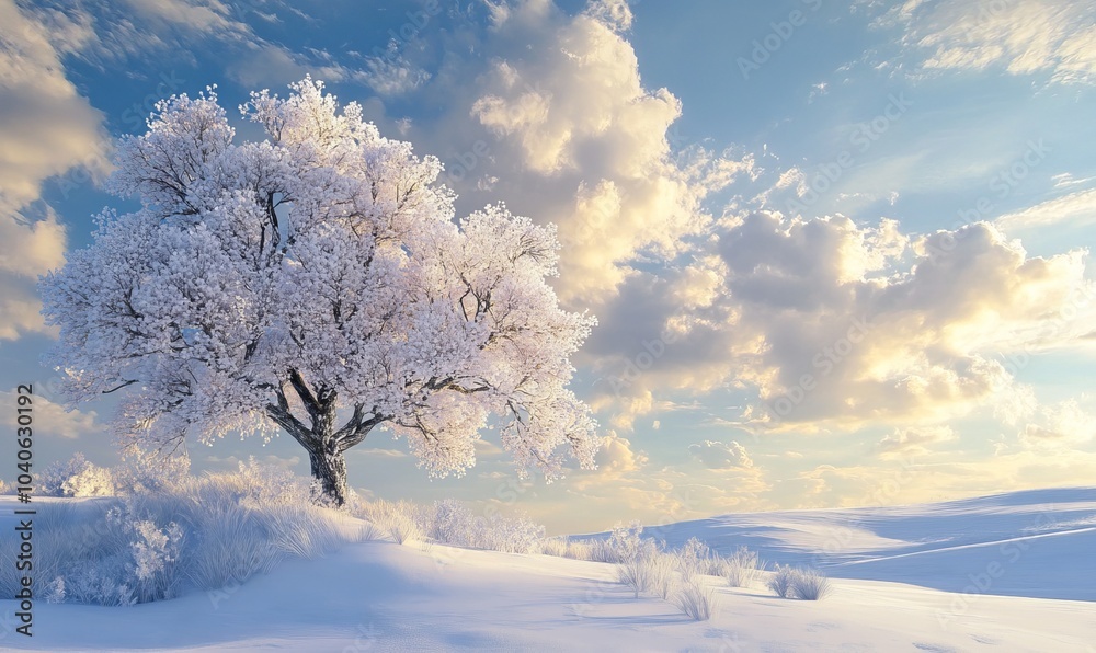A serene winter landscape featuring a snow-covered tree under a beautiful blue sky with fluffy clouds during the daylight hours A serene winter landscape featuring a snow-covered tree under a beautiful blue sky with fluffy clouds during the daylight hours