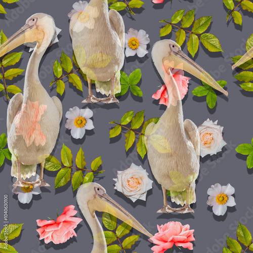 Pattern of pelicans and pink roses with green leaves on black background. Seamless animal and floral design for wallpaper, textile, or poster