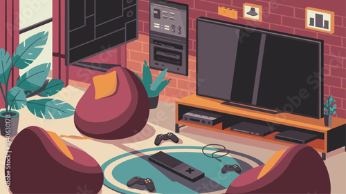 Gamer room interior with tv gaming console and beanbag chairs. Vector cartoon illustration of cozy home design with video game controllers, LCD display and picture frames on brick wall, potted plants