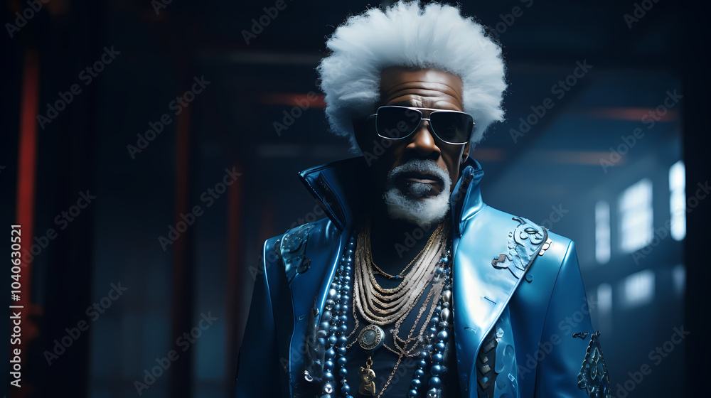 Person in a blue jacket and sunglasses in a dark space. Person in a blue jacket and sunglasses in a dark space.