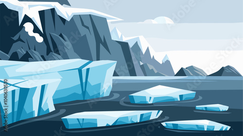 Ice floe pieces and framed mountain cliff. Cartoon vector illustration set of frozen water chunk for arctic landscape. Blue glacier cube floating in sea or ocean. North freeze snow glass rock.