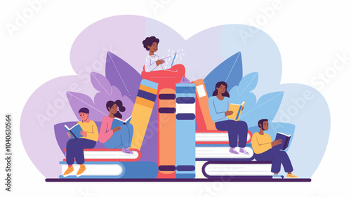 Book club banner with people read in different poses. Vector landing page of group meeting for reading and talk about literature with flat illustration of characters sitting on books stacks