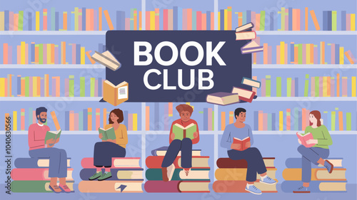 Book club banner with people read in different poses. Vector landing page of group meeting for reading and talk about literature with flat illustration of characters sitting on books stacks