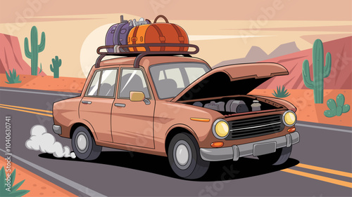 Broken down car with luggage on roof and smoke coming from under open hood standing on road in desert with cactus and rock hills on sunset or sunrise. Cartoon evening landscape with vehicle breakdown.