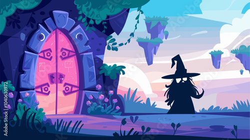 Fantasy portal - entrance to parallel reality, another dimension or level in game. Cartoon vector dream landscape with magical door made of stone glows pink from inside. Alien or wizard unreal world.