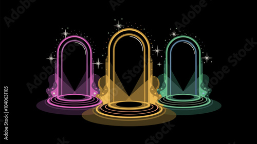 Magic shimmering light portals set isolated on black background. Vector realistic illustration of neon purple, yellow, green, pink hologram for space game ui design, sparkles and mist effect, teleport