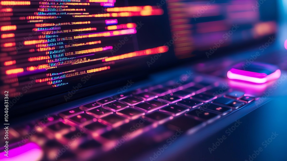 Obraz premium Holographic debugging tools, floating neon code, high-tech workspace