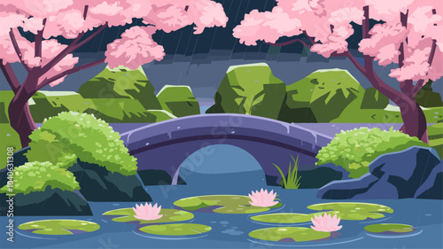 Sakura blossom and bridge in japanese garden in rain at night. Spring landscape with chinese cherry trees with pink flowers in dark park at rainy weather, vector cartoon illustration