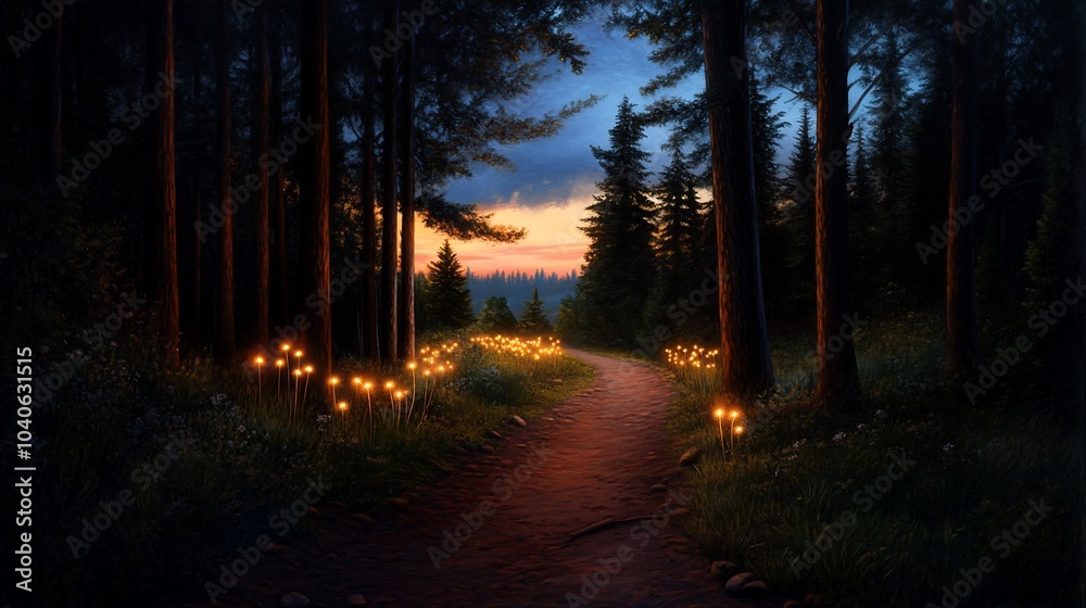 Fototapeta premium A winding path illuminated by glowing lights leads through a dark forest towards a distant sunset.