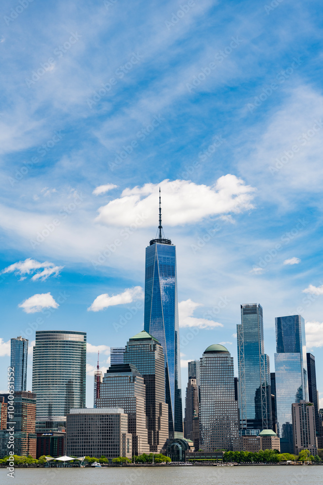 Fototapeta premium New York, United States. Lower Manhattan skyline. NY, Panorama view of New York city skyline in Midtown Manhattan. NYC, USA, Manhattan. New York from New Jersey. Downtown Manhattan.