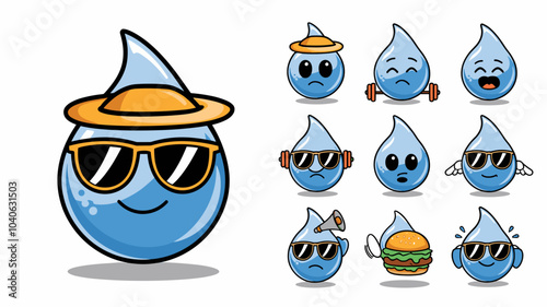 Cute water drop mascot. Funny rain aqua drop character smile, sad, surprised, with dumbbell, healthy food, burger, megaphone and book, vector cartoon set isolated on background