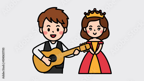 Queen and court musician characters set isolated on white background. Vector cartoon illustration of male composer playing guitar, female in royal golden crown and red gown, carnival costumes design