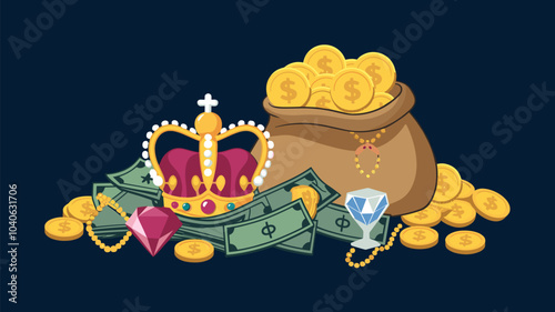 Pirate treasure pile with sack coin and gem vector. Cartoon antique game gold crown and jewelry currency heap isolated on dark background. Cute shiny golden diamonds, ruby and goblet loot asset.