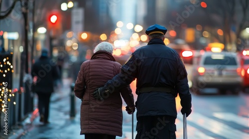 Police officer helping an elderly person cross a busy street safely