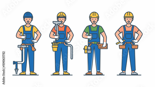 Repair workers, handyman service. construction and renovation employees plumber, painter, carpenter and furniture maker characters in uniform with tools, Line art flat vector illustration set