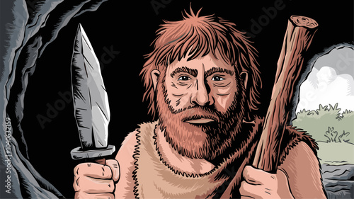 Stone age primitive knife rock tool or old stick. Ancient prehistoric caveman weapon for hunting. Prehistory archaeology hunter item. Flint and wooden neanderthal people equipment drawing design
