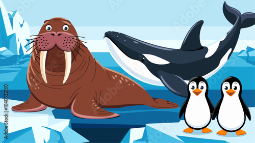 North pole land and sea animals. Cartoon vector illustration set of cute toon arctic wild life characters - big brown walrus with tusks and whiskers, swimming whale and orca, two funny penguins.