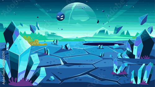 Fantasy alien planet landscape, space game background, dessert cracked ground surface with blue cristals and rocks, flying stones and cosmic dust, big sphere in sky cartoon vector illustration