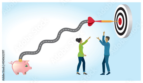 The road to savings. Goals and planninig in economy. Woman and man in discussion. Dimension 16:9. Vector illustration.