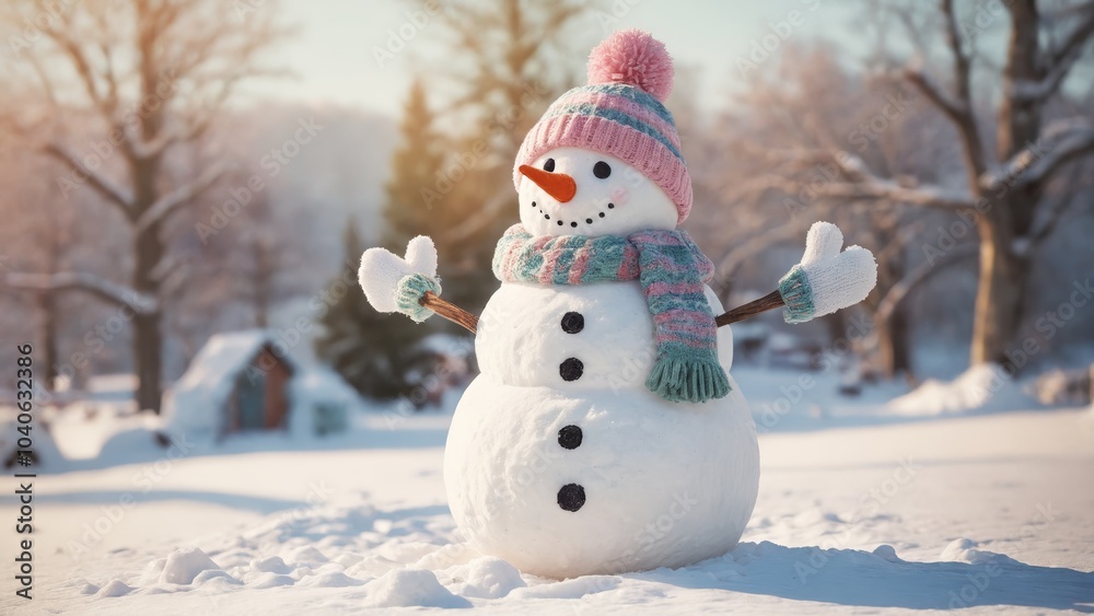 Joyful snowmen stand proudly in a winter wonderland, surrounded by sparkling snow in daytime Joyful snowmen stand proudly in a winter wonderland, surrounded by sparkling snow in daytime