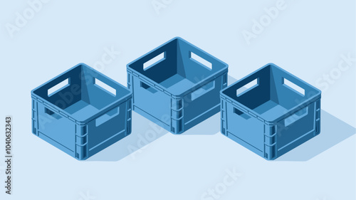 Set of blue plastic crates isolated on white background. Realistic vector illustration of empty box mockup top, side and isometric view. Container for goods storage, transportation and delivery