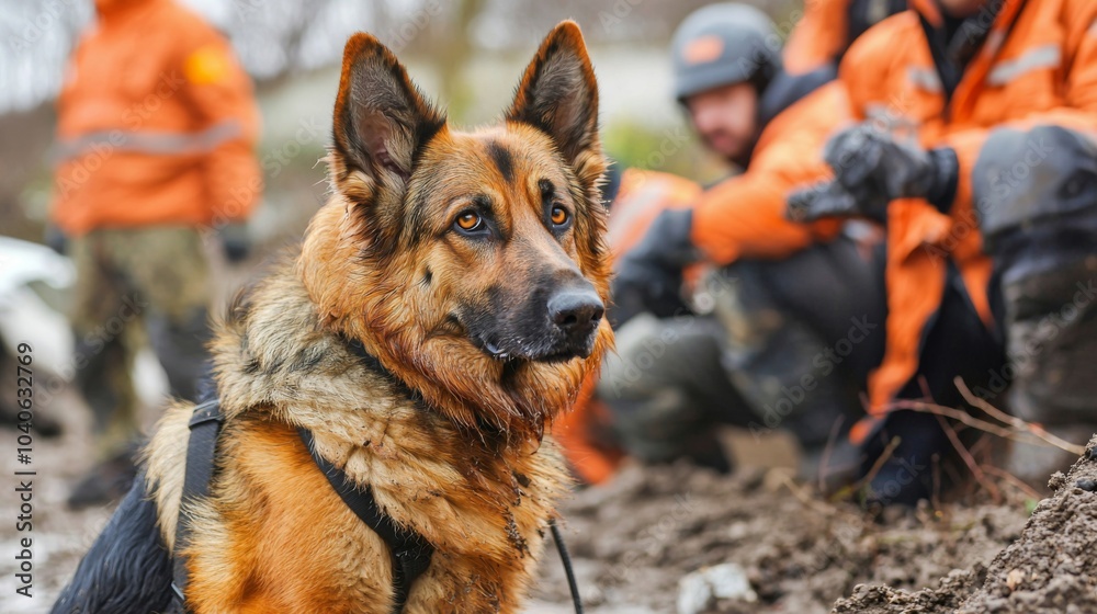 Rescue dog working alongside handlers in a disaster recovery operation Rescue dog working alongside handlers in a disaster recovery operation