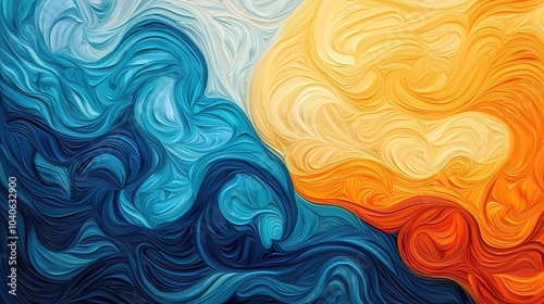 A vibrant, abstract artwork showcasing swirling blue and orange hues, evoking feelings of movement and energy.