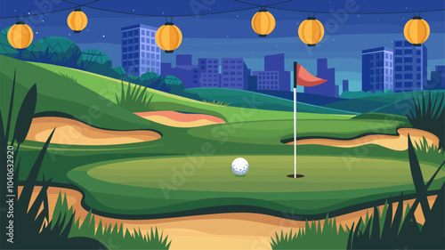 Golf field at night with lanterns light, ball and flag pin near hole. Cartoon vector evening landscape of course hills with grass and sand against background of city with multistorey buildings.