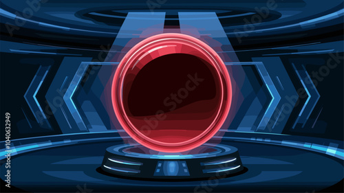 Glowing red neon game portal in realistic vector illustration set. Futuristic teleport podium with beams for gui concept. Magic or cyberpunk round port or product podium with luminous effect.