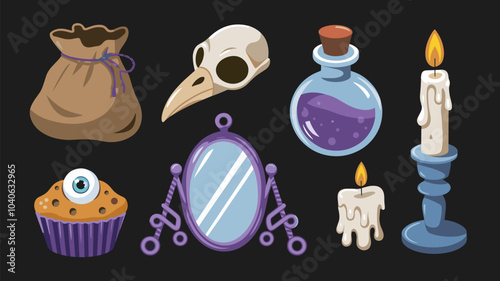 Set of magic game assets isolated on black background. Vector cartoon illustration of old sack, bird skull, poison bottle, mirror portal, candle, muffin with spooky eyeball, Halloween design elements