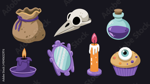 Set of magic game assets isolated on black background. Vector cartoon illustration of old sack, bird skull, poison bottle, mirror portal, candle, muffin with spooky eyeball, Halloween design elements