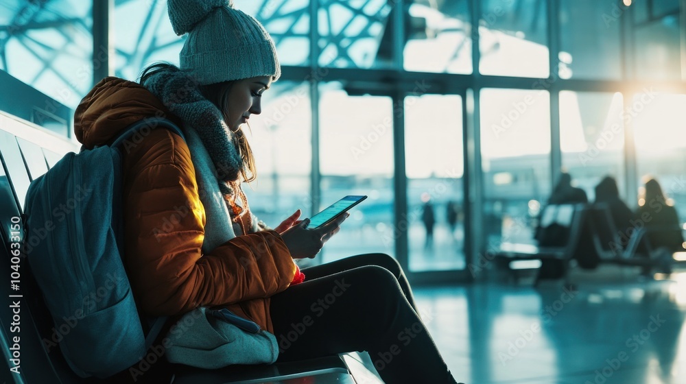 Woman using a tablet in an airport Woman using a tablet in an airport